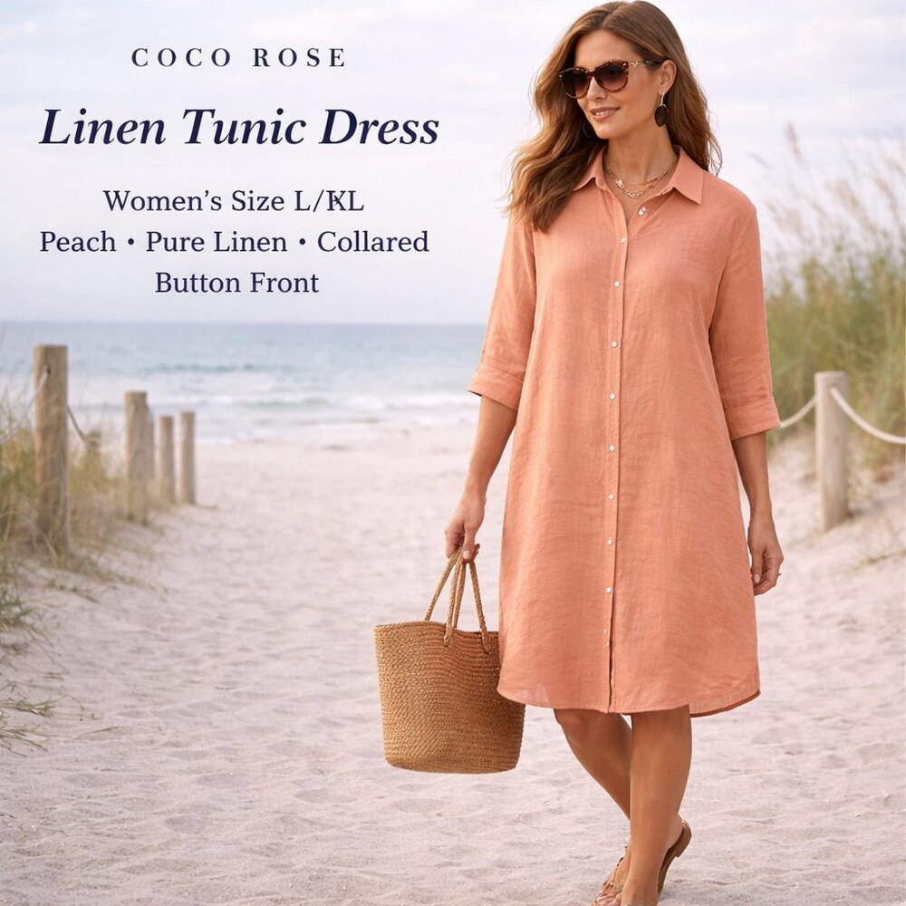Coco Rose Linen Tunic Dress Peach L/XL Button Front Beachy Boho Resort Vacation